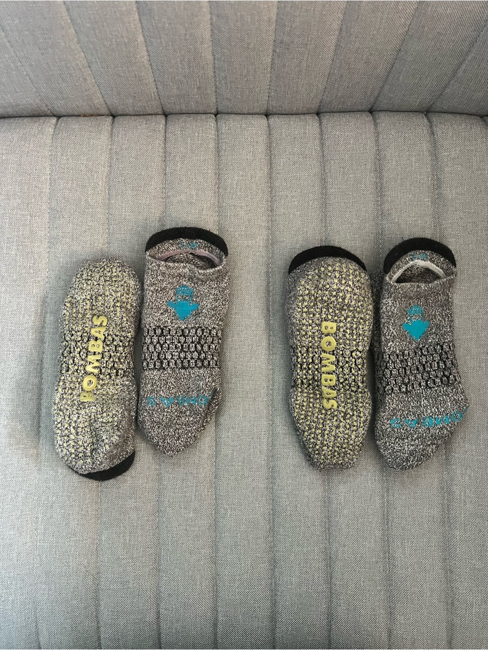 Bombas Womens Grip Socks in Heather Gray with Yellow and Teal Accents